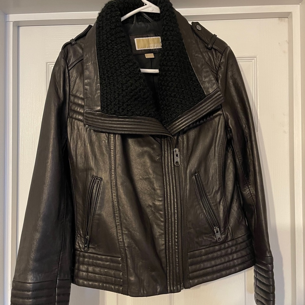 Michael Kors Knit Collar Leather Moto Jacket